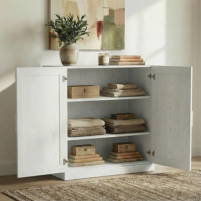Casaphoria Adam Sideboard Buffet Cabinet with Storage, Sideboard Cabinet with Rattan Doors & Adjustable Shelves, 31" W x 36" H Coffee Bar for Entryway Kitchen Living Room, White