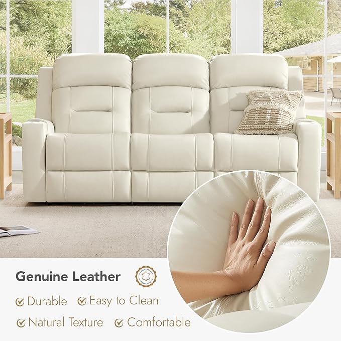 Watson & Whitely Genuine Leather Power Reclining Sofa, 3-Seater Lay Flat Recliner Sofa with Power Headrest, Cup Holders, USB & Type-C Ports, Electric Reclining Couch for Living Room, Cream