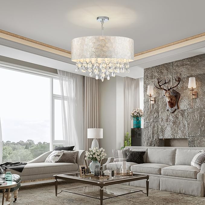 X-Large 6-Light Drum Capiz Shell Crystal Chandeliers, Coastal Style Pendant Light Fixture for Dining Room, Living Room, D24 x H23~71 inch(Adjustable), Shell Lampshade & Chrome Finish