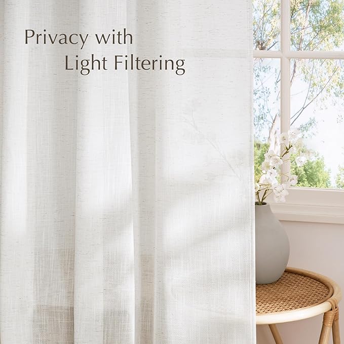 NICETOWN Natural Linen Blend Short Curtains 63 inches Length, Grommet Semi Sheer Window Treatments Privacy with Light Filtering Drapes for Kids Room/Bathroom, W52 x L63, 2 Panels
