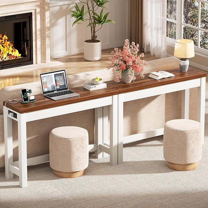 Cyclysio 47" Console Tables for Entryway, Narrow Console Tables for Living Room, Behind Couch Table, Sturdy Wood Support Hallway Table with 3AC+2USB Charging‌ Station, Rustic Oak
