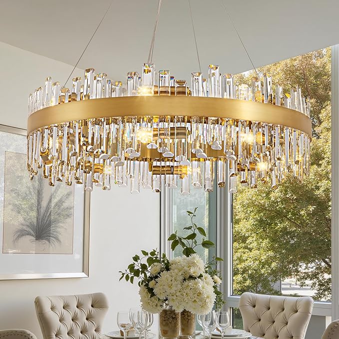 Gold Crystal Chandelier for Dining Room, 16-Light Modern Chandelier, 31.5-inch K9 Crystal Raindrop Ceiling Light, Luxury Flush Mount Light Fixture for Kitchen Living Room Entryway Bedroom