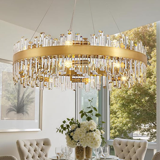 Gold Crystal Chandelier for Dining Room, 16-Light Modern Chandelier, 31.5-inch K9 Crystal Raindrop Ceiling Light, Luxury Flush Mount Light Fixture for Kitchen Living Room Entryway Bedroom