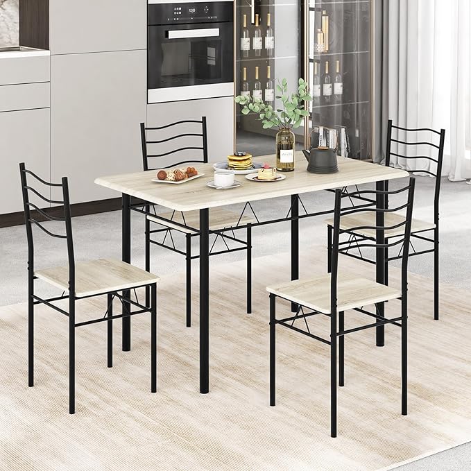 COSTWAY Kitchen Table Chairs Set of 4, 5 Piece Metal Rectangular Dinette Set w/Non-Slip Pad, Space-Saving Design, Modern Dining Room Table Set for Small Place Breakfast Nook Restaurant (Natural)