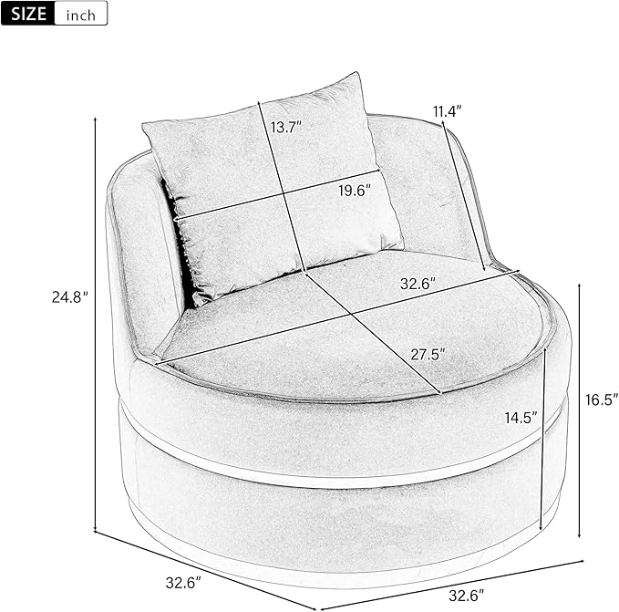 Merax 360° Swivel Accent Chair 32.6" Velvet Modern Upholstered Barrel Chair Comfy Soft Round Reading Sofa Chair with Seat Cushion for Living Room, Bedroom, Office, Apartment (Beige)