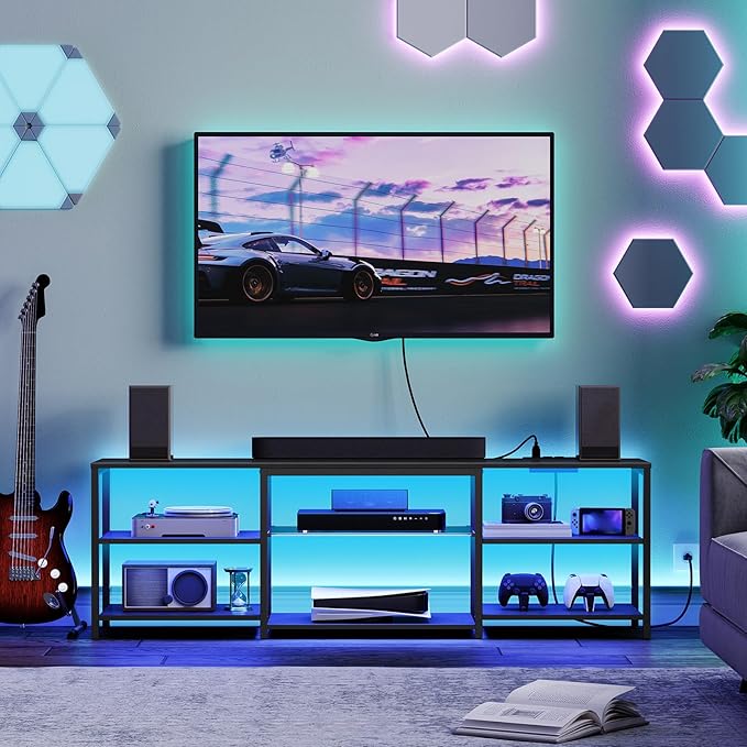 HOOBRO LED TV Stand for 75 Inch TVs with Charging Station, Gaming Entertainment Center with 3-Tier Open Storage, Long 63” Media TV Console Table, TV Stand for Living Room, Bedroom, Black BB21UDDS01