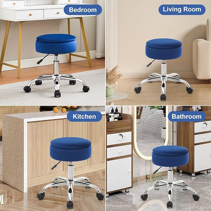Adjustable Vanity Stool with Storage Rolling Vanity Chair with Wheels Swivel Vanity Stool Chair for Vanity Makeup Stool Blue