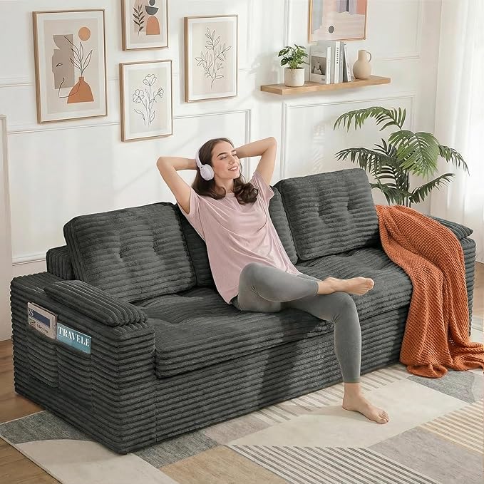 83" Boneless Couch, 3 Seater Cloud Corduroy Sofa in a Box with Deep Tufted Cushions, Zero Assembly, Removable Washable Cover, Family-Friendly Living Room Couch, Dark Grey