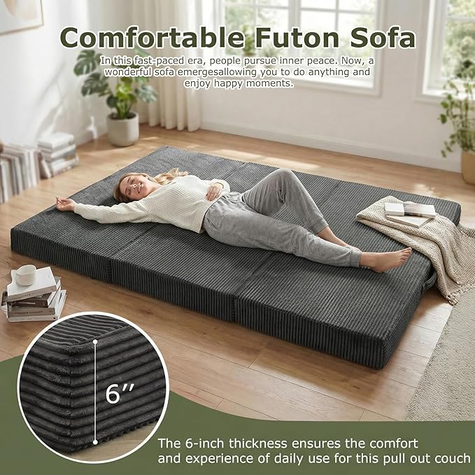 5-in-1 Convertible Sofa Bed, Boneless Loveseat Sleeper, Tri-fold Futon Sofa Bed with Removable Cushions & Washable Cover, Pull Out Couch with Handle, for Small Spaces, Queen Size, Grey