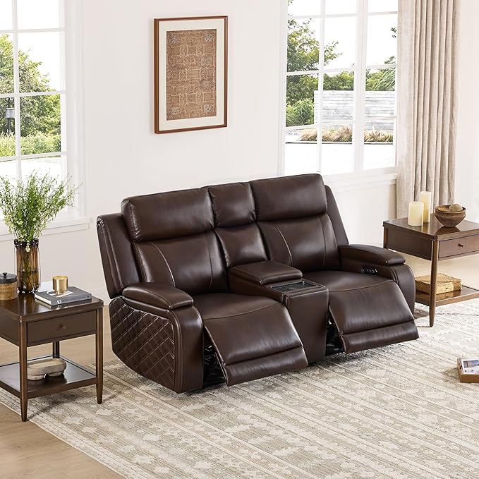 Watson & Whitely Genuine Leather Power Loveseat Recliner Sofa, Zero Gravity Reclining Sofa with Console, Power Headrest & Wireless Charging, Cup Holder, 2-Seater Recliner for Living Room, Dark Brown