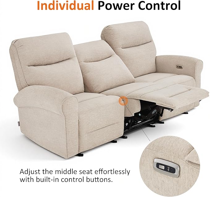 MCombo 87.8" Wall Hugger Power Reclining Sofa, 3-Seat Triple Recliner Couch with USB Ports, Rolled Arm Space Saving Recliner Sofa for Living Rooms Apartments RV, Fabric PR635M5 (Beige) | 1.4" Wall Clearance