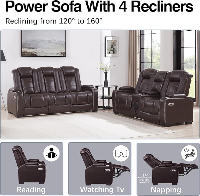 THSUPER Brown Leather Power Recliner Sofa Loveseat Sets with Arm Storage and Power Headrest, Leather Living Room Reclining Sofa and Loveseat Set with Cup Holders and Bluetooth Speaker.