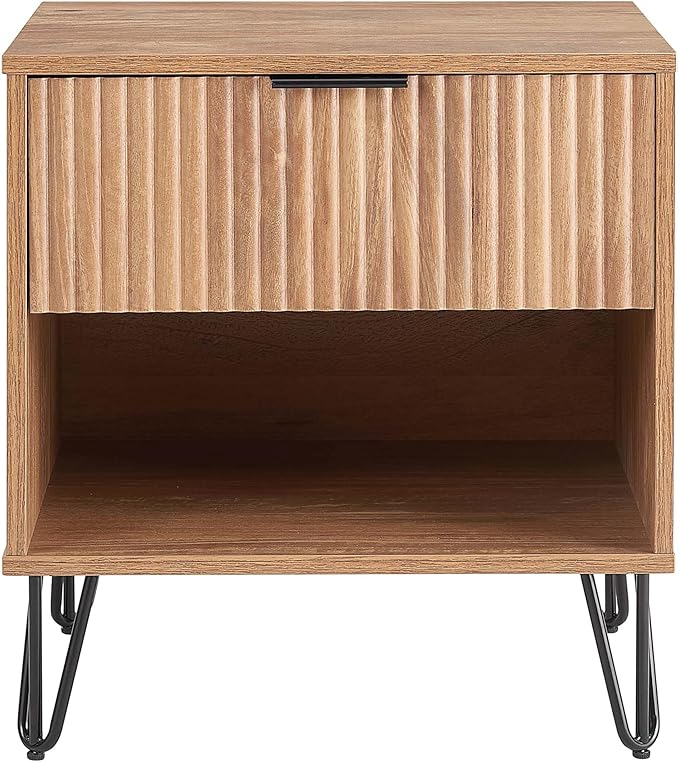 Manhattan Comfort Dumbo Fluted Nightstand with Drawer and Open Shelf, Gold Hairpin Legs and Metal Handle, Snap Tool-Free Assembly, Bedside Accent Table for Bedroom, Office, Living Room in Golden Brown