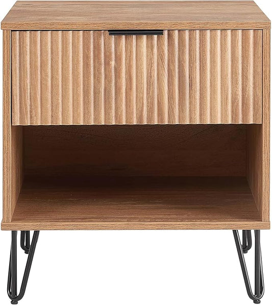 Manhattan Comfort Dumbo Fluted Nightstand with Drawer and Open Shelf, Gold Hairpin Legs and Metal Handle, Snap Tool-Free Assembly, Bedside Accent Table for Bedroom, Office, Living Room in Golden Brown