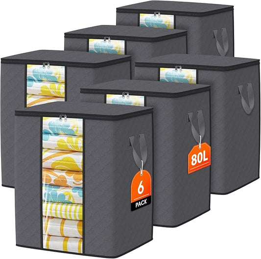 Clothes Storage Bags, 6-Pack Comforter Blanket Organizers, 80L Large Capacity Containers with Visual Window for Clothing, Quilt, Sheet, Pillow, Closet Organization for Bedding (Grey)