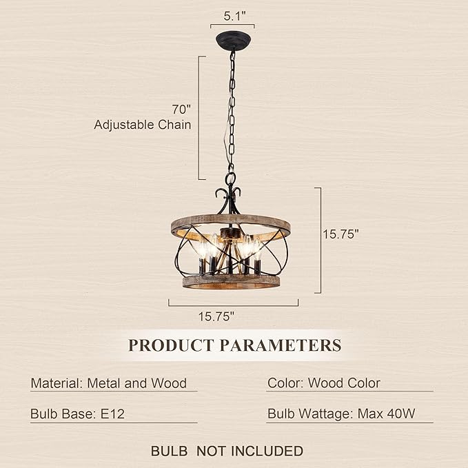 16“ Farmhouse Chandelier Light Fixture, 5-Light French Country Wood Chandelier Rustic Drum Light Fixture Over Table for Kitchen Island Dining Room Entryway