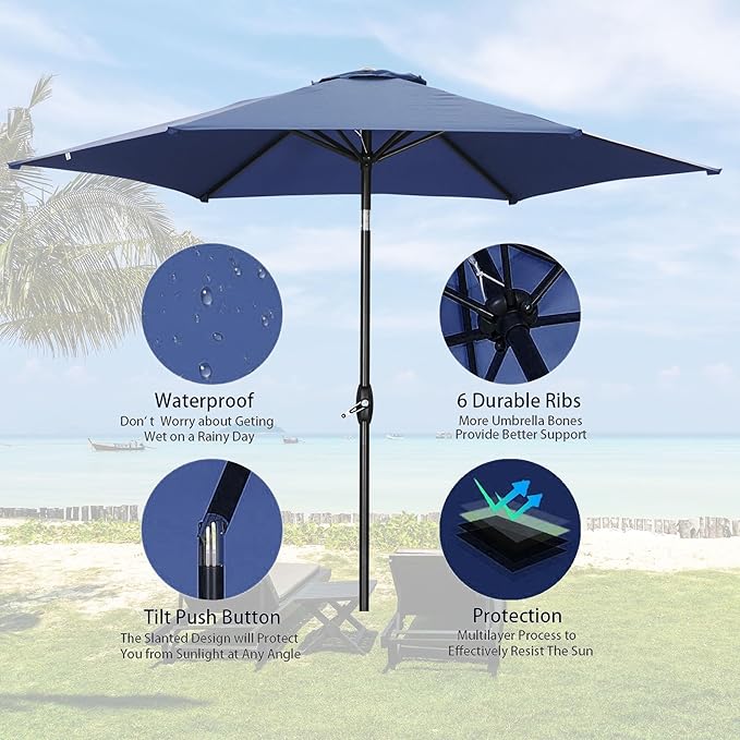 HYD-Parts 9FT Patio Umbrella Outdoor Table Umbrella,Market Umbrella with Push Button Tilt and Crank for Garden, Lawn, Deck, Backyard & Pool, with a Base (Navy Blue)