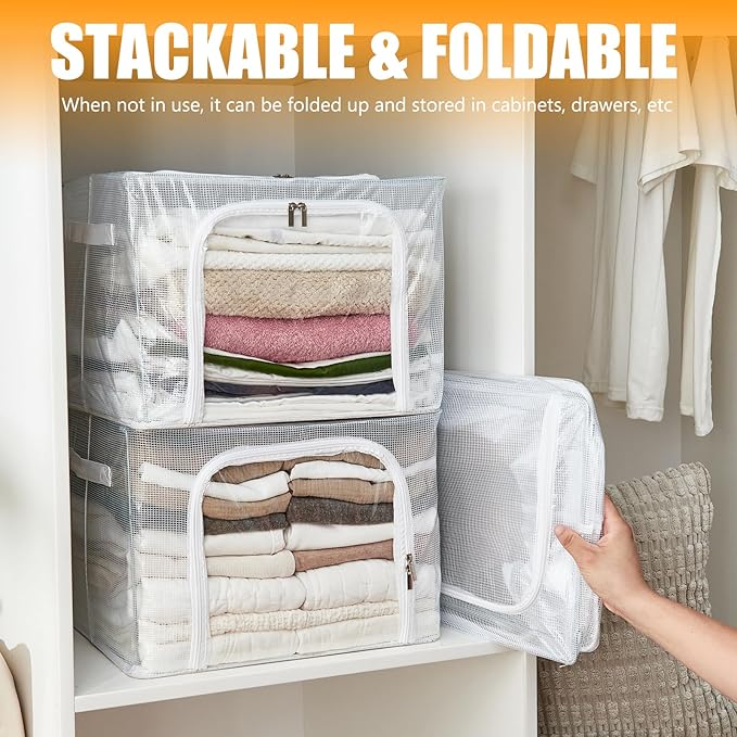 Clear Stackable Clothes Storage Bins with Metal Frame, Foldable Storage Box with Lid, Bedroom, Closet Organizers and Storage Container with Zippers & Durable Handles (Clear, 2 Pack)