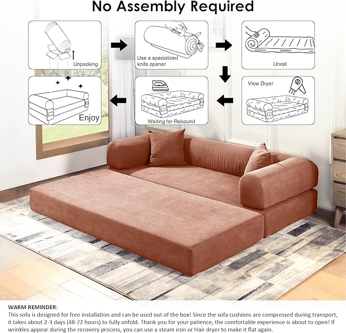 80" Convertible Sofa Bed, Corduroy Deep Seat Folding Pull Out Couch with Pillows, No Assembly Modern Boneless Couch Compression Sofa in Box, Floor Sofa with Storage Pocket for Living Room,Pink