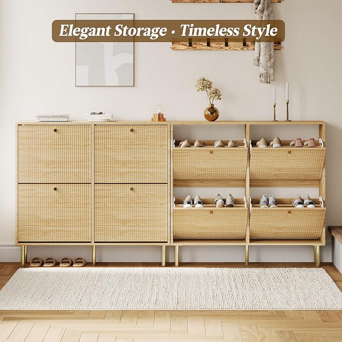 Nicetree Shoe Cabinet Storage for Entryway, Narrow Shoe Rack with Tiered Fluted Design, 4 Flip Drawers & 3-Tier Adjustable Shelves, Shoe Organizer with Gold Legs,Light Natural Oak
