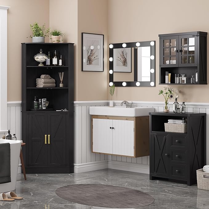 Farmhouse Corner Cabinet with LED Light, 67" Tall Bathroom Cabinet with 2 Doors and 3 Tier Shelves, Free Standing Corner Storage Cabinet for Living Room or Kitchen, Black