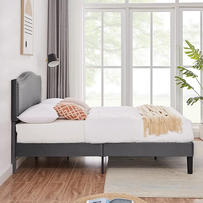 VECELO Queen Bed Frame, Platform Bed Frame with Adjustable Height Upholstered Headboard, Heavy-Duty Frames and Strong Wooden Slats Support, Non-Slip and Noise-Free, Easy Assembly, Dark Grey