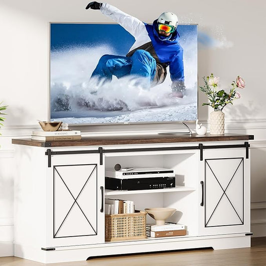 GarveeHome Farmhouse TV Stand for TV up to 65 in and Entertainment Center with Sliding Barn Doors, Tv Media Console Table with Storage Cabinet for Living Room, Bedroom, White & Brown