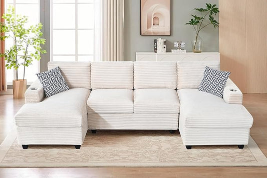 Ball & Cast 124" U-Shaped Sectional Sofa Couches for Living Room with Double Chaise,Cup Holders & Pillows,4 Seat Striped Corduroy Upholstered Modern Modular Sectional Sofa Set,for Home,Office,Beige
