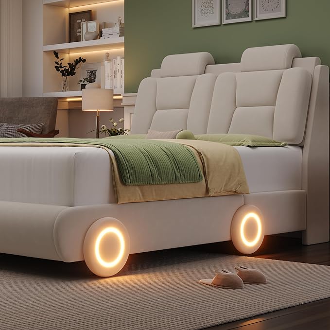 Keyluv Full Led Car Bed Frame with Wheels Decor & Adjustable Curved Headboard Modern Upholstered Platform Bed with Detachable Pillows Solid Wooden Slats Support No Box Spring Needed, Velvet Beige