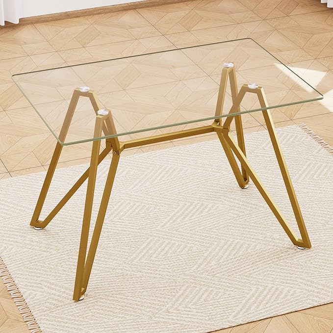 KEIKI 47.3 in Rectangular Glass Dining Table, Suitable for 1-6 People, Modern Style Home Kitchen Dining Table, Equipped with Sturdy Metal Table Legs, Suitable for Dining Room, Living Rooms, Gold