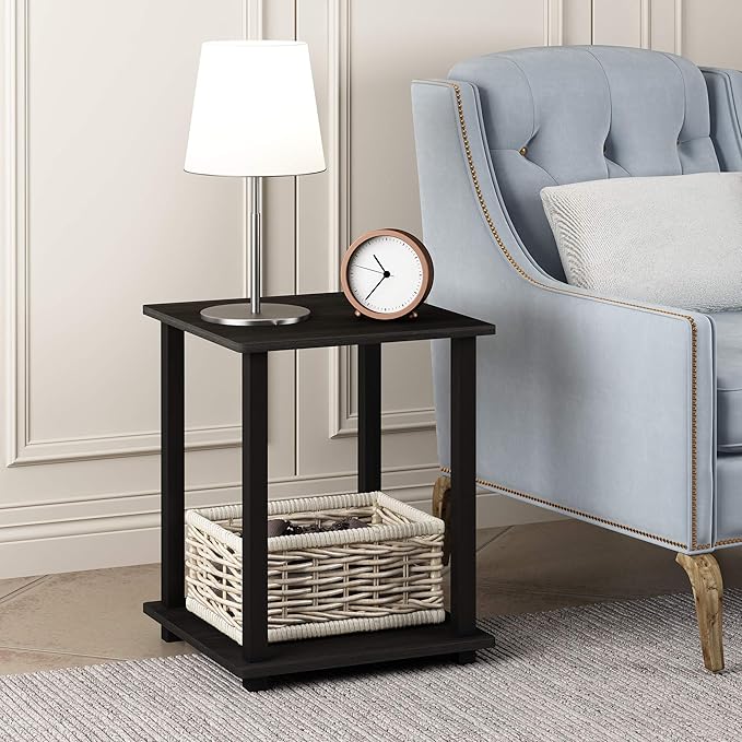 Furinno SIMPLISTIC Side Table Set of 2, 2-Tier Square Modern End Table, Nightstand, Night Stand, Bedside Table, Toolless Assembly, for Living Room, Bedroom, Dark Walnut