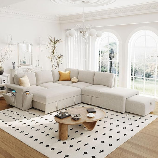 90.6" L-Shaped Modular Padded Cloud Sectional Fabric Sofa Set with Pull Out Bed, Convertible Sectional Couches w/Storage Space and USB Ports & Cup Holders on The Armrests,for Living Room,Beige