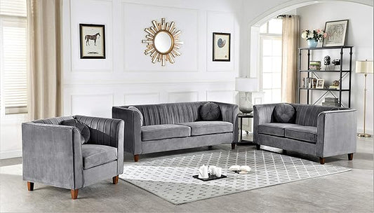Container Furniture Direct Arvilla Velvet Chair with Bolster Pillows, Soft Upholstery, Mid Century Modern Design, Chesterfield-Inspired Accent Armchair for Living Rooms, Fossil Grey