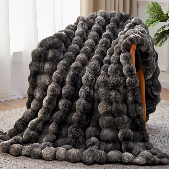 Faux Fur Throw Blanket, 1000GSM Fluffy Soft Bubble Blanket for Couch Bed, Cozy Plush Warm and Thick Rabbit Blanket for Living Room Bedroom 60''*80'' Tie-dye Grey