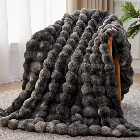 Faux Fur Throw Blanket, 1000GSM Fluffy Soft Bubble Blanket for Couch Bed, Cozy Plush Warm and Thick Rabbit Blanket for Living Room Bedroom 60''*80'' Tie-dye Grey