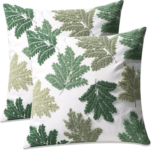 Set of 2 Embroidered Decorative Throw Pillow Covers Couch Square Pillowcases Cushion for Bedroom Sofa Farmhouse Decor 18x18 Inch (Green Maple Leaf)