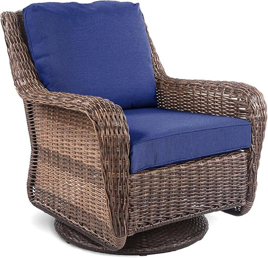 Cambridge Outdoor Wicker Swivel Rocking Chair, All-Weather Hand-Woven Resin Rattan Patio Swivel Rocker with Deep Seat & Thick Cushions for Porch, Backyard & Garden, Midnight Navy Blue
