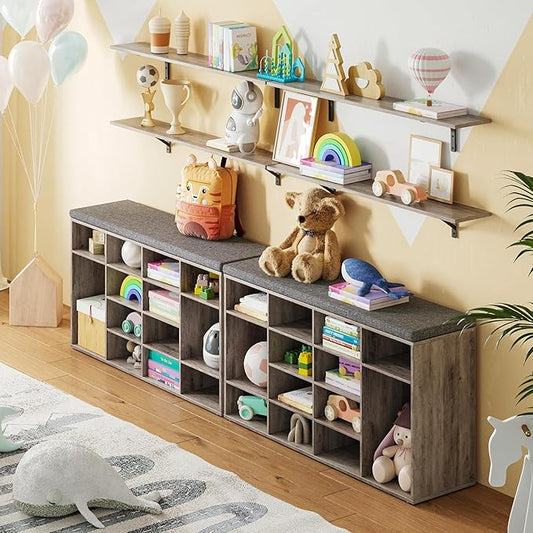 DINZI LVJ Shoe Storage Bench with Cushion, 16-Cubby Shoe Rack, Adjustable Shelves, Multifunctional Shoe Organizer Bench for Entryway, Mudroom, Hallway, Living Room, Bedroom and Garage, Greige