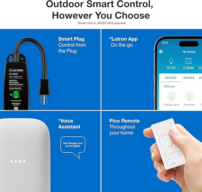 Lutron Outdoor Smart Plug for Caseta Smart Lighting, Summer Patio, Backyard Outdoor Lights & Motors, 15A LED Fixtures & 1/2 HP Motors, PD-15OUT-BL, Black