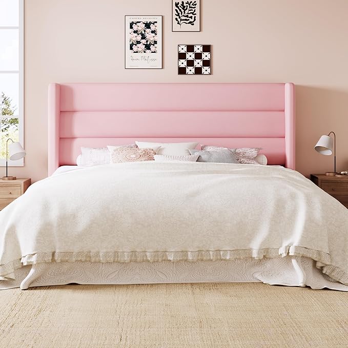 Allewie Queen Size Platform Bed Frame with Velvet Upholstered Wingback Headboard, No Box Spring Needed, Under Bed Storage Space, Strong Wooden Slats, Modern Mattress Foundation, Easy Assembly, Pink