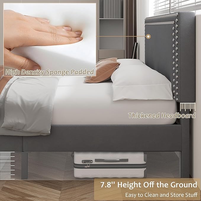 VECELO Queen Size Bed Frame with Adjustable Upholstered Headboard, Wooden Slats Platform, Noise-Free Design, Easy Assembly