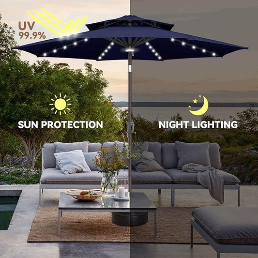 9ft Solar Umbrella Outdoor - 2 Tiers Lighted Solar Patio Umbrella with 40 LED Lights Waterprool UV Protection, Table Umbrella with Tilt for Pool, Porch, Garden, Backyard (Navy Blue)