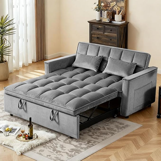 Pull Out Couch, Loveseat Sleeper Sofa Bed with Side Pockets, 3 in 1 Velvet Fabric Convertible Sofa Bed with Adjustable Backrest for Living Room, Bedroom, Apartment, Gray