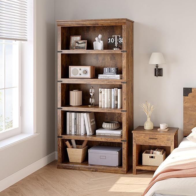 5 Tier Farmhouse Bookcase, 67.4 in Tall Book Shelf with Storage, Wooden Bookshelves 5 Shelf Display Shelvesfor Home Office, Living Room, Bed Room (Vintage, 67.4 in H x 31.5 in W x 12.8 in D)
