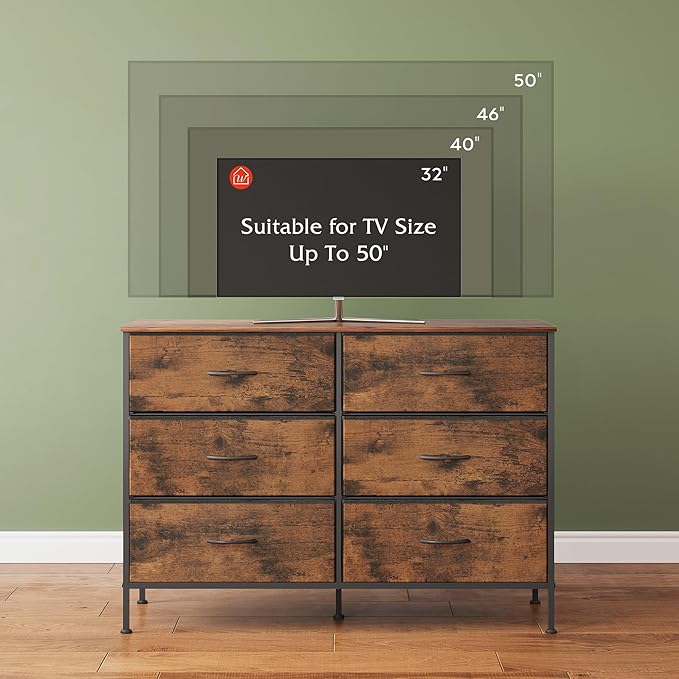 WLIVE Dresser for Bedroom with 6 Drawers, Wide Dresser TV Stand for 50 Inches TV, with Fabric Drawers, Metal Frame, Wooden Top, Storage Dressers for Bedroom, Hallway, Entryway, Rustic Brown