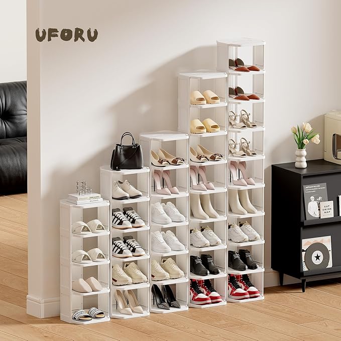Small Shoe Rack, 5 Tier Plastic Vertical Shoe Rack for Small and Narrow Spaces, Free Standing Shoe Organizer for Closet, Entryway