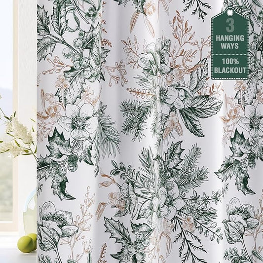 H.VERSAILTEX Vintage Floral Curtains 108 inch Length 2 Panels Set 100% Blackout Drapes for Bedroom Thermal Insulated Back Tab/Rod Pocket Living Room Curtains Sound Proof Drapes, Moss and Wheat