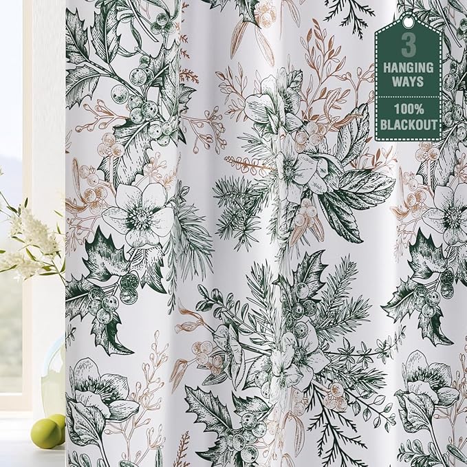 H.VERSAILTEX 100% Blackout Window Curtain Panels Light Blocking Drapes with Black Liner Thermal Vintage Floral Draperies Back Tab/Rod Pocket Curtains for Bedroom(2 Pieces, 52 x 96 Inches, Moss/Wheat)