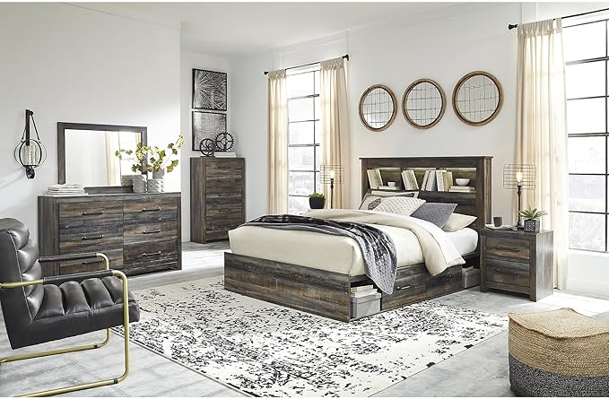 Signature Design by Ashley Drystan Rustic Queen Bookcase Bed with 2 Storage Drawers, Open Cubbies and LED Light, Foundation or Box Spring Not Needed, Dark Brown & Gray