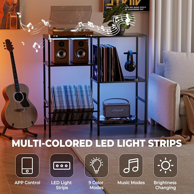 Record Player Stand with LED Light, Turntable Stand with Vinyl Storage - Up to 300+ Albums, 3-Tier Record Player Table Cabinet, Adjustable Shelf & V-Shaped Holder, Vinyl Display Shelf for Living Room